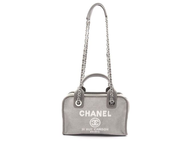 Chanel Canvas Leather Bowling Shoulder Bag Grey