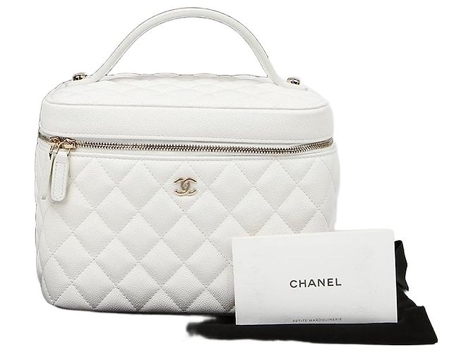 Vanity Chanel Bolsa Tote com Alça Superior em Caviar Branco