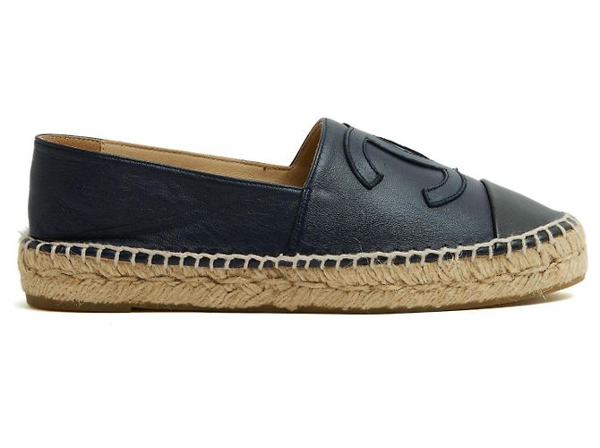 Chanel Espadrilles Cuir 2 tons EU37 CC Navy Blue Leather Flat Shoes UK4 US6.5