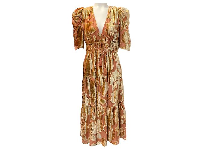 Vestido Midi em Veludo Devoré Loretta da Ulla Johnson Dourado