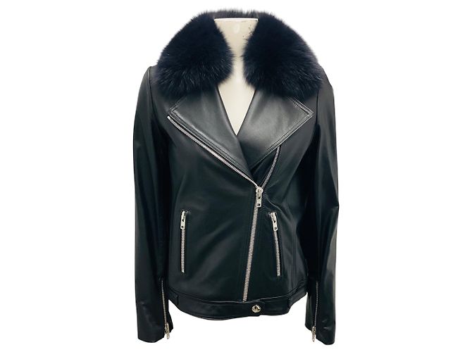 Autre Marque Jaqueta de couro de bezerro forrada com shearling e com acabamento em pele de raposa preta de Samantha Sipos Preto