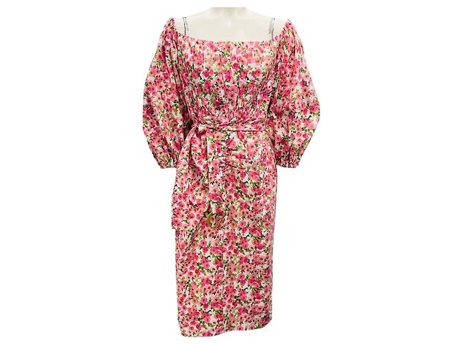 Vestido midi off shoulder de manga globo blanco / rosa multi con cinturón Carolina Herrera