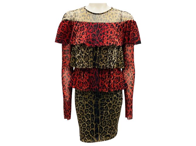 Fuzzi Red Multi Leopard Printed Tiered Mesh Dress Multiple colors