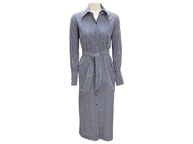 Autre Marque Vestido midi de algodão listrado azul e branco com botões e cinto de Martin Grant