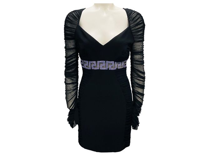 Vestido de coquetel mini em malha preta / roxa com cristais Versace