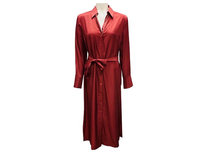 Peserico Midi-Kleid in tiefrot mit Monili-Perlenverzierung und Bindegürtel