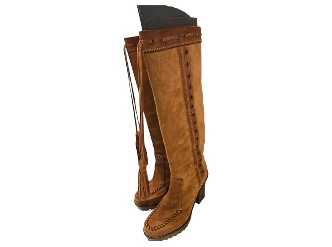 Yves Saint Laurent Camel Leather Knee High Boots 