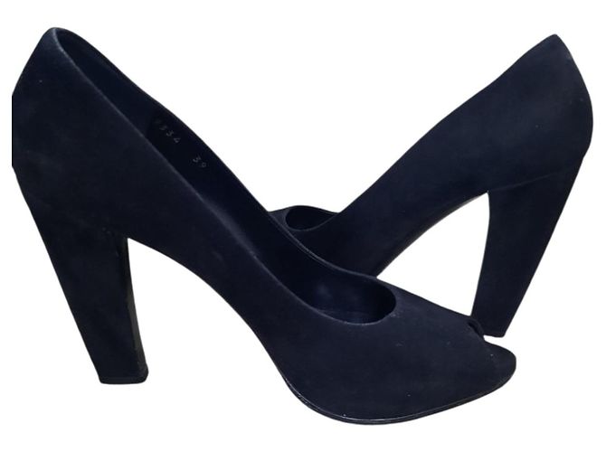 Prada Black Leather Open Toe Pumps