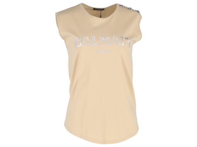 Beige Baumwoll-Top mit Balmain-Logo-Print