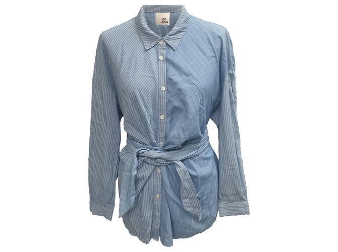 Camicia a righe Iris & Ink con bottoni e vita legata in cotone blu