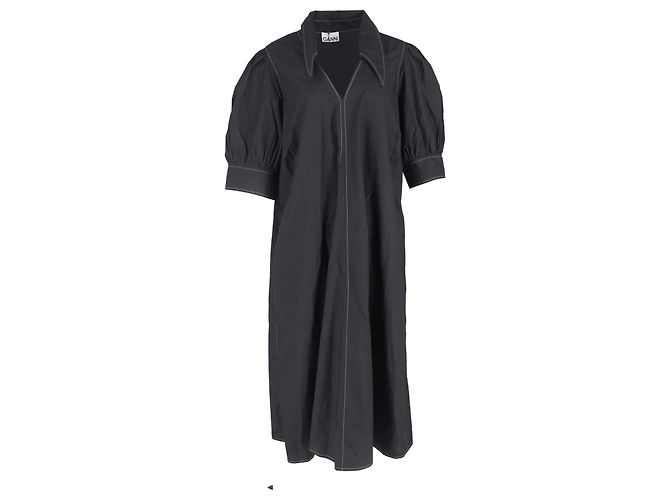 Vestido maxi de popeline preta com mangas bufantes e decote em V da Ganni Preto