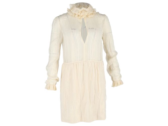 Saint Laurent Gestreiftes Lamé Mini-Kleid aus Creme-Seide Weiß Roh