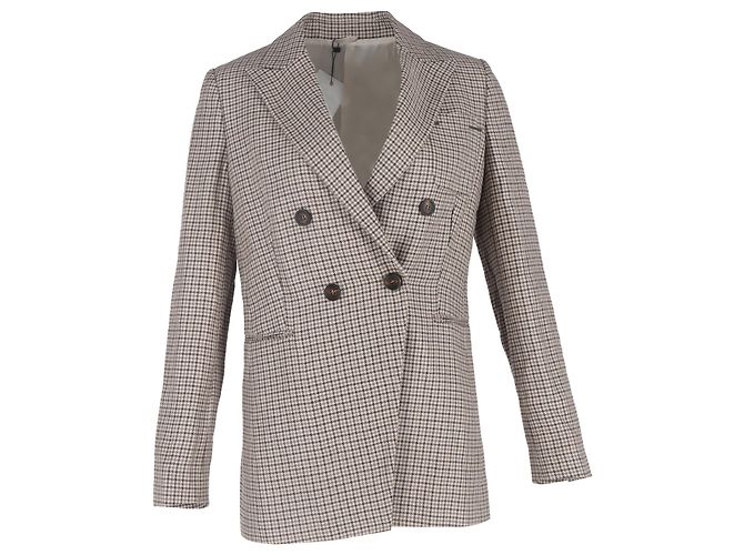 Brunello Cucinelli Houndstooth Double-Breasted Blazer in Beige Wool