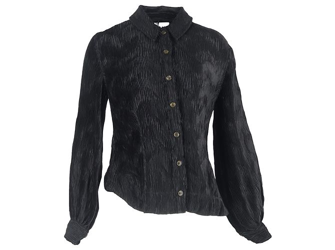 Ganni plissierte Bluse mit Knöpfen aus schwarzem Polyester