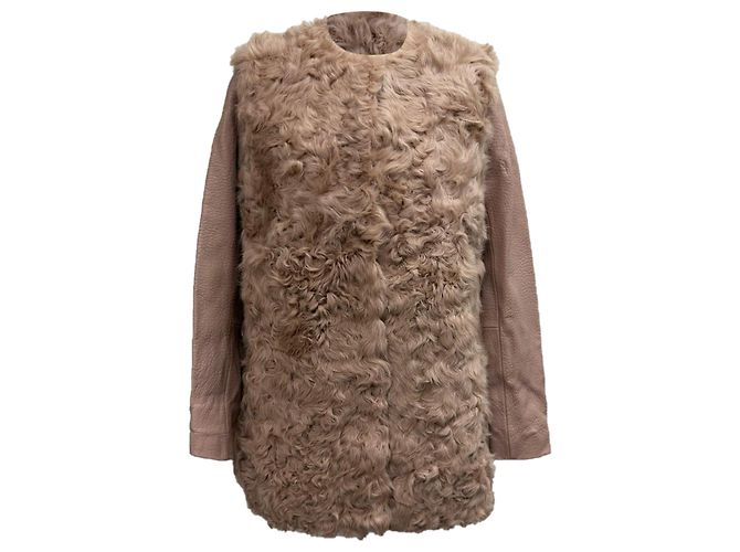 Maje Textured Shearling Coat in Pink Lamb Leather