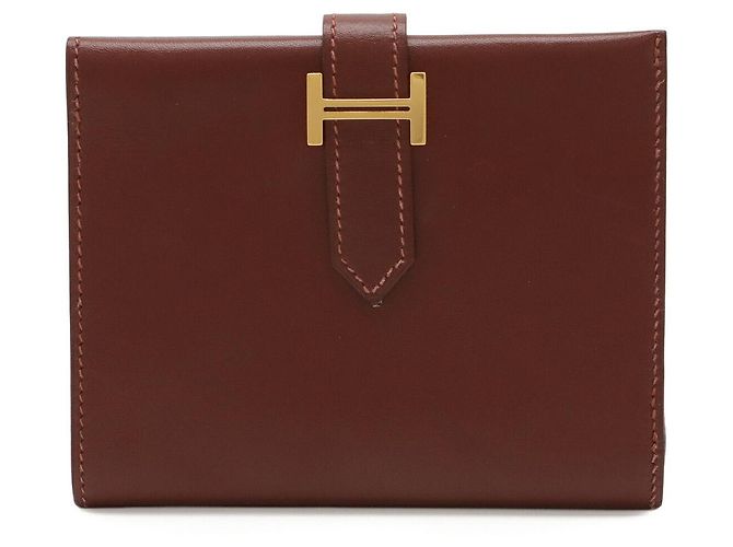 Billetera bifold compacta de box calf Hermès Béarn Castaño