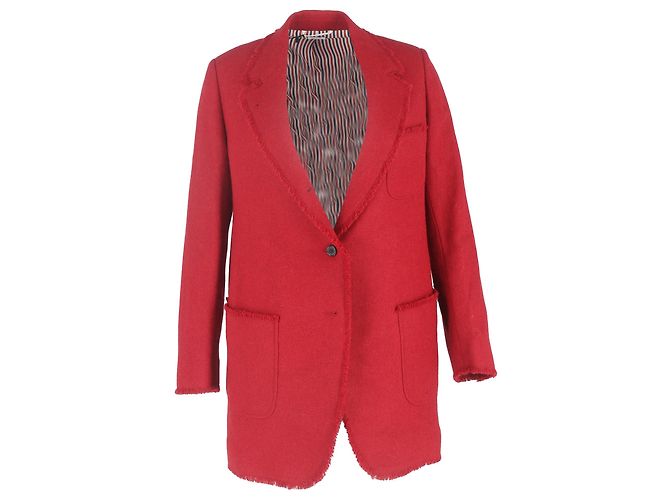 Thom Browne Single-Breasted Raw Hem Accent Blazer in Red Wool