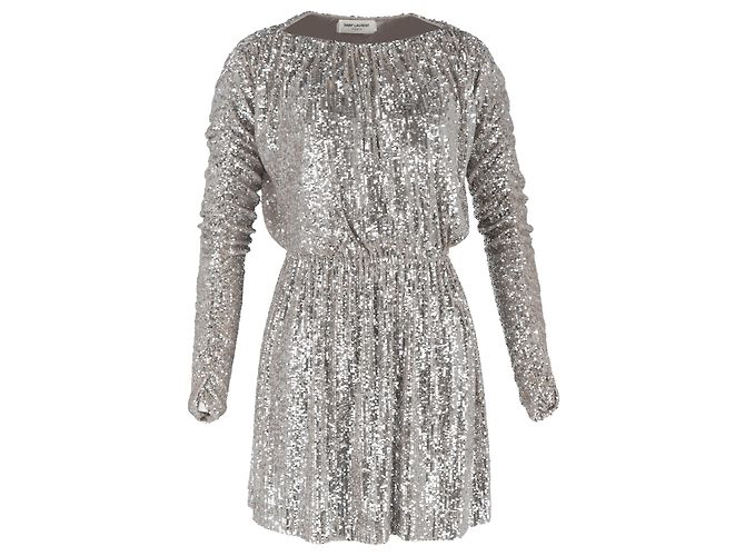 Mini-Kleid mit Bootsausschnitt aus silbernem Polyester mit Pailletten von Saint Laurent Metallisch