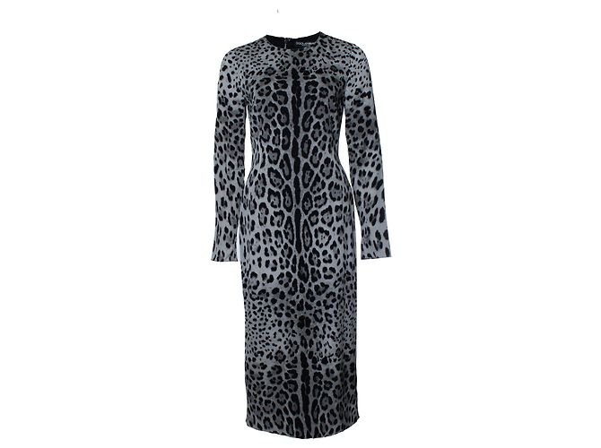 Vestido maxi gris con estampado de leopardo Dolce & Gabbana