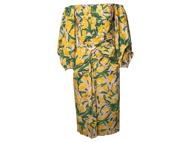 Vestido midi floral con cinturón Carolina Herrera Rosa Verde Amarillo