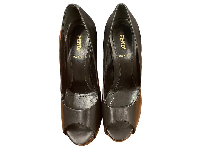 Fendi Black Leather Peep-Toe Platform Heels