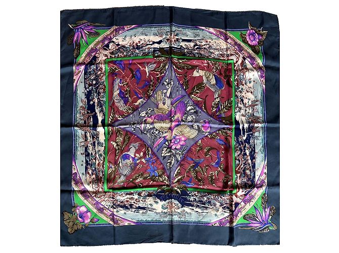 Foulard in Seta Hermès 'Tropiques' Marrone Rosa Bianco Blu Verde Porpora Blu scuro