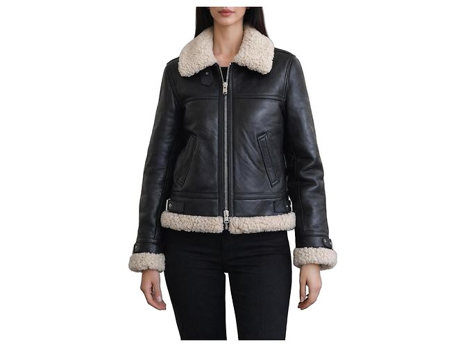 All Saints Schwarze Leder-Fliegerjacke mit Shearling-Futter