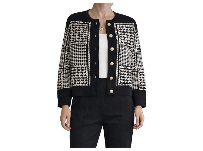 Sandro Schwarz-Weiße Karierte Strickjacke 