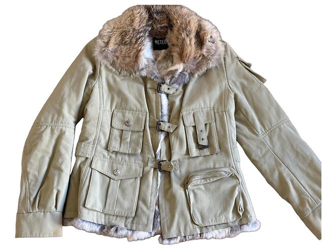 Météo Khaki winter jacket with fur collar and lining Brown