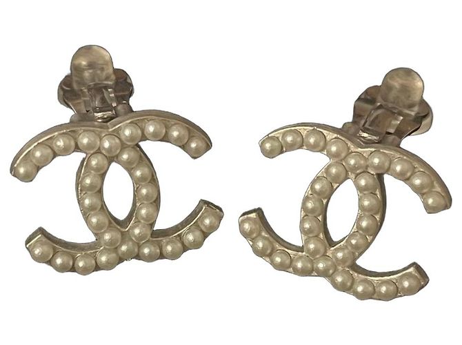 Orecchini Chanel CC Perle Argento Bianco 