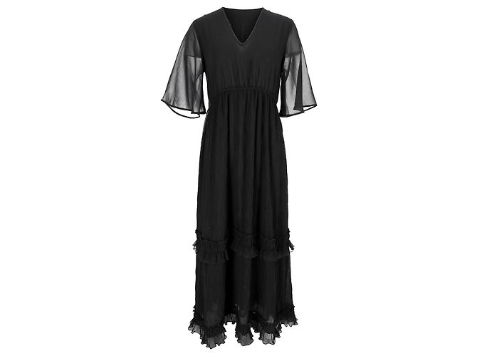 Ganni V-Ausschnitt plissiertes Maxikleid aus schwarzem Polyester