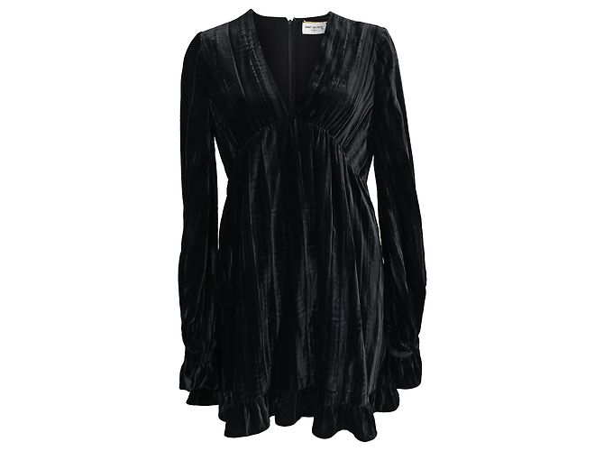 Vestido Mini de Cuello en V de Terciopelo Negro de Saint Laurent