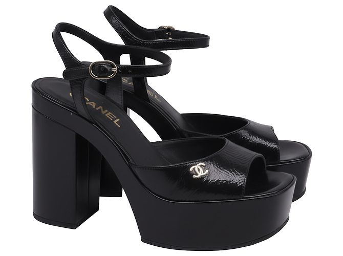 Chanel CC Ankle Strap Platform Sandals in Black Patent Leather
