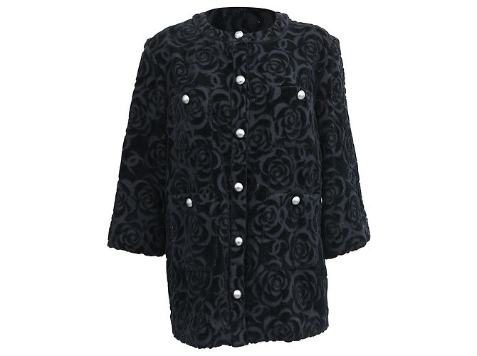 Schwarze Samt-Blazer mit Camellia-Blumenmuster von Chanel