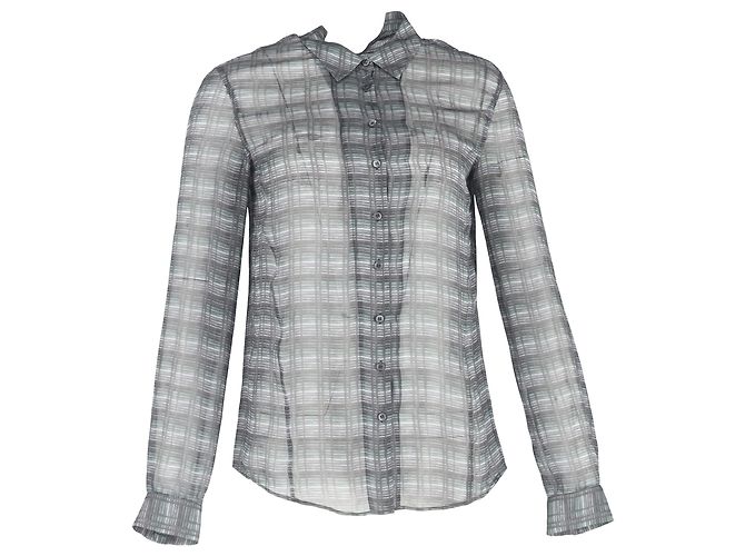 Theory Button-Down Sheered Pattern Shirt in Grey Silk