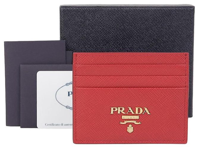 Saffiano Prada Triangle Logo Card Holder Red