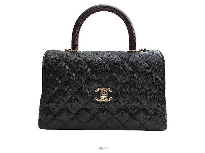Chanel Coco Handle Mittel Schwarz Kaviar Eidechse Champagner Gold Innen Chip
