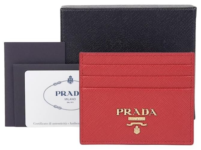 Saffiano Prada Triangular Logo Card Holder Red