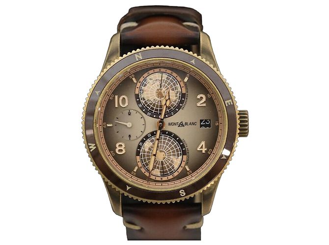 Montblanc Giosphere Edição Limitada Bronze Automático Pulseira de Couro Dourado