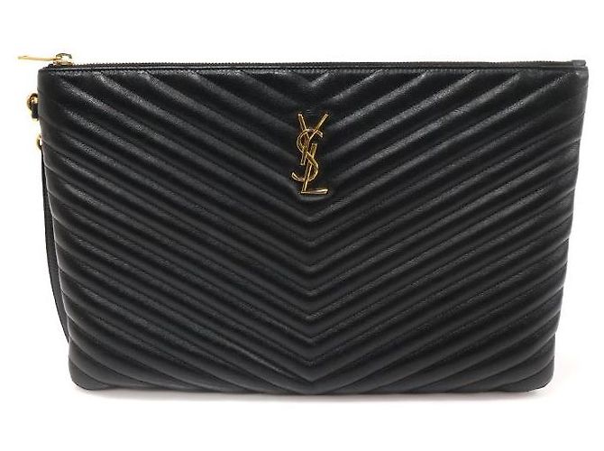 Saint Laurent Clutch de documento Monogram acolchado negro con correa