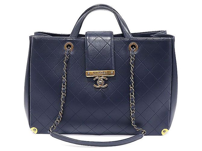 Chanel Navy Calfskin Quilted Metal Chain Tote Series) Blue