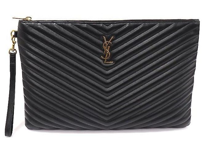 Saint Laurent Clutch de documento Monogram acolchado negro con correa