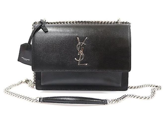 Saint Laurent Black Calfskin Silver Chain Sunset Medium Shoulder Bag