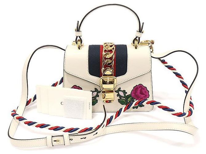 Gucci White Leather WEB Flower Embroidery Mini Top Handle