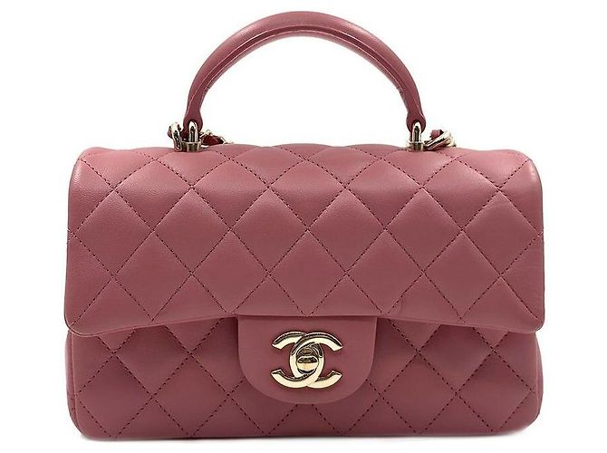 Chanel Bolsa crossbody mini nova em couro de cordeiro com alça superior Rosa