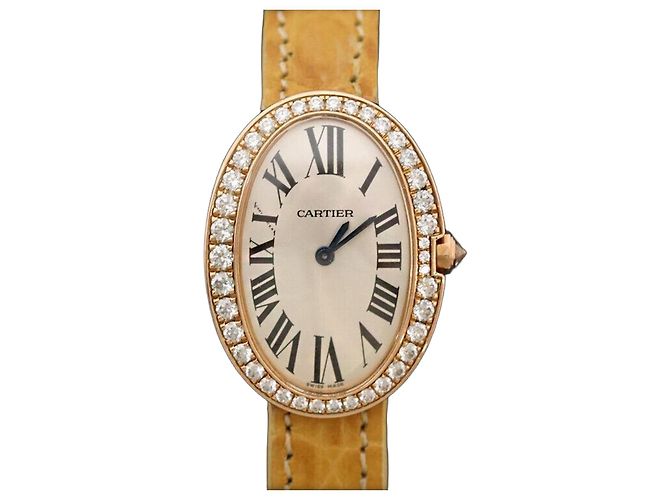 Cartier Benoit Relógio de Ouro Rosa com Bezel de Diamante e Pulseira de Couro - Pequeno Dourado