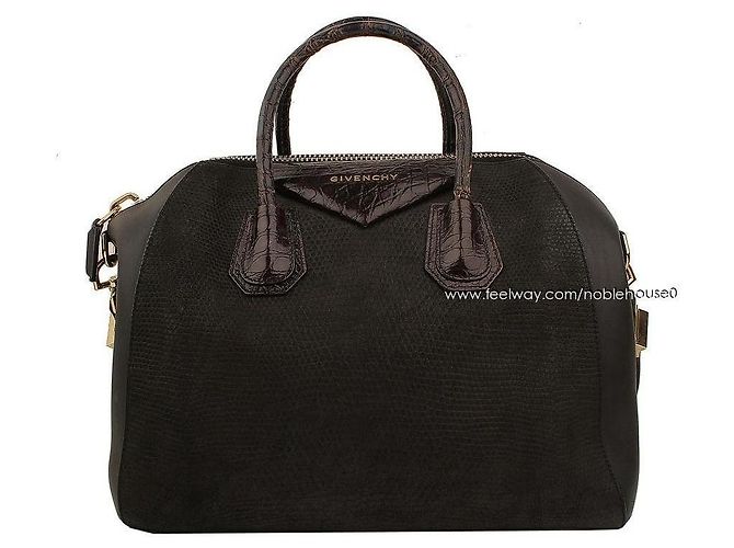 Givenchy Black Lizard Wani Pattern Antigona Medium Tote and Shoulder Bag