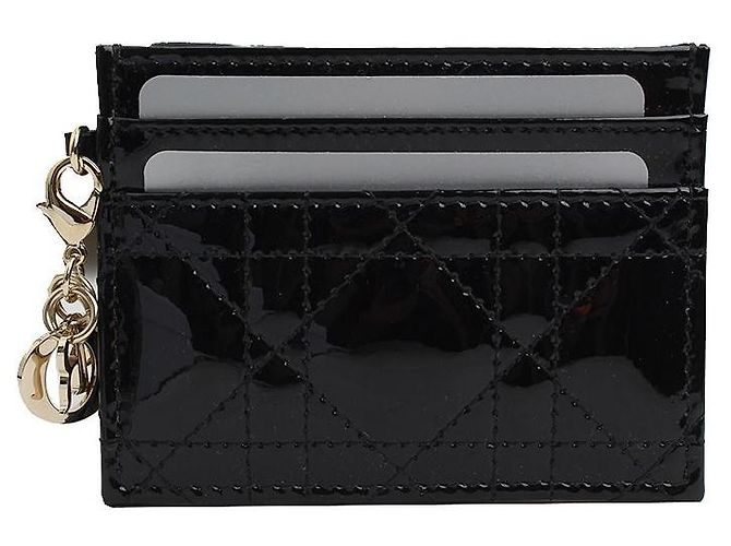 Cannage Dior Patent Leather Silver Logo Charm Cardholder Black