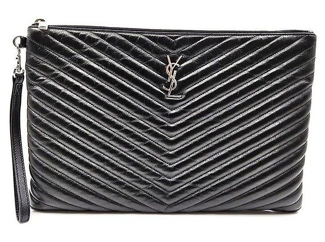 Saint Laurent Große Matelassé-Clutch Silber Schwarz