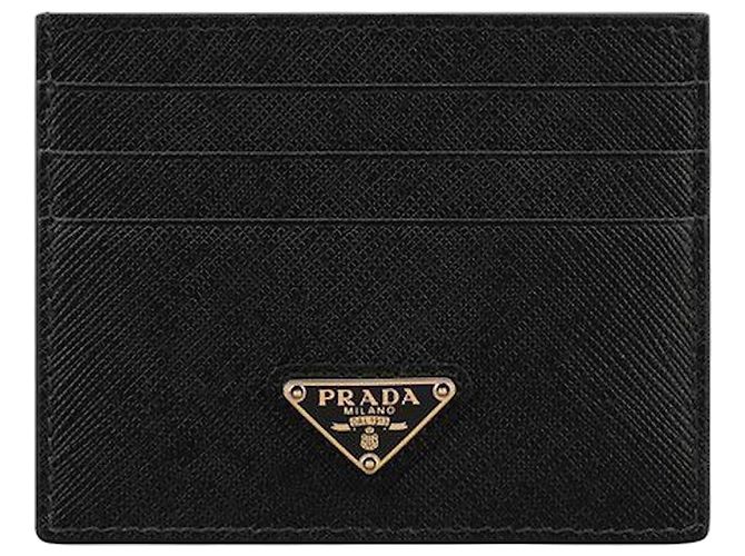 Prada Tarjetero de cuero Saffiano con logo triangular QHH Negro